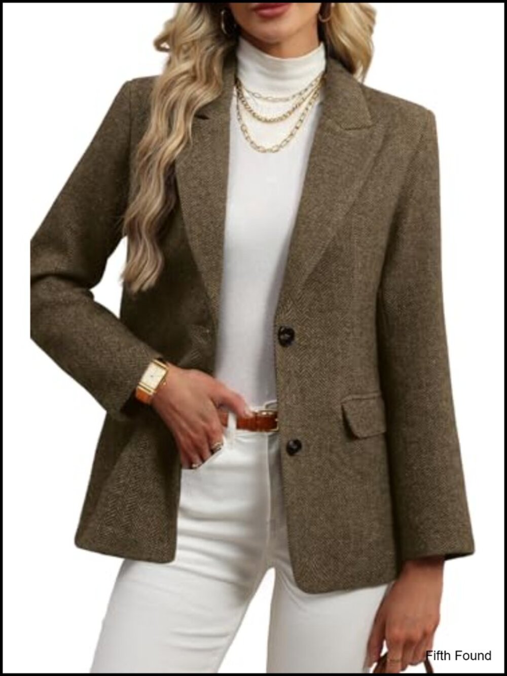 Wool Blend Tweed Herringbone Blazer Notch Lapel Business Casual